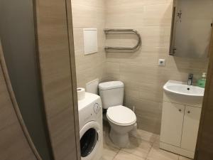 a small bathroom with a toilet and a sink at Janshevska 7/9 in Liepāja