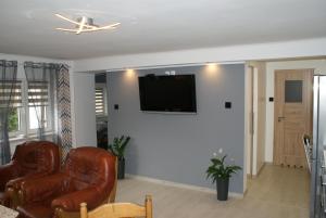 salon z 2 skórzanymi krzesłami i telewizorem z płaskim ekranem w obiekcie Apartament na Górce w Międzybrodziu Bialskim