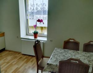 a dining room with a table and chairs and a window at Ferienwohnung Karsten - nahe Chemnitz in Limbach-Oberfrohna
