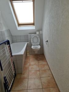 a bathroom with a toilet and a sink and a window at TS1 2-OG Möbilierte Wohnung in Wolfsburgs Zentrum in Wolfsburg