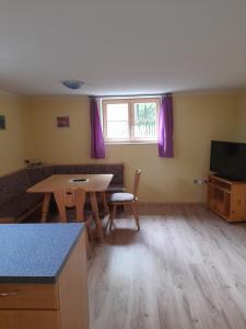 uma cozinha e sala de estar com uma mesa e um sofá em Apartments Himmelreich em Ternitz