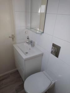 a white bathroom with a toilet and a sink at Erfgoed de Boemerang - Chalets in Meppen
