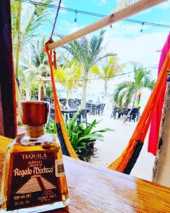 Una botella de tequila sentada en una hamaca en una playa en Hotel Machos Mahahual en Mahahual