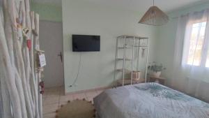 um quarto com uma cama e uma televisão na parede em Gite chaleureux pour deux avec jacuzzi ou piscine selon dates em Graveson