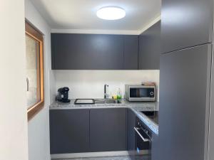 a kitchen with gray cabinets and a microwave at Casa Lele - Sole in Cevio