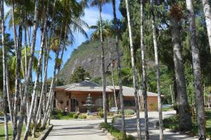 a building with palm trees in front of a mountain at Pousada Terê Parque in Teresópolis