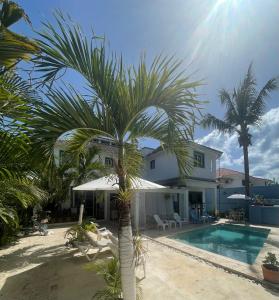 una palmera frente a una casa con piscina en B&B Villa Luna en Bayahibe