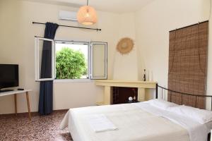 a bedroom with a bed and a television and a window at Los Almyros in Myloi