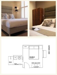 two pictures of a bedroom with a bed and a diagram at Boutique Barclay House London townhouse - West London, Kensington, Chelsea, Fulham in London