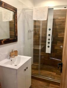 ein Badezimmer mit Waschbecken und Dusche in der Unterkunft Víkendový dom - Divín in Divín