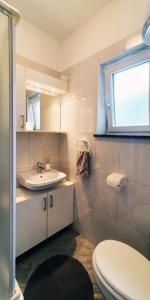 een badkamer met toilet en wastafel bij Lukovo Seafront Apartments in Lukovo +22 foto's