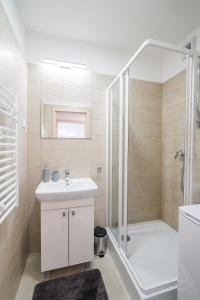 シオーフォクにあるCsenge Apartmanのバスルーム(白いシンク、シャワー付)