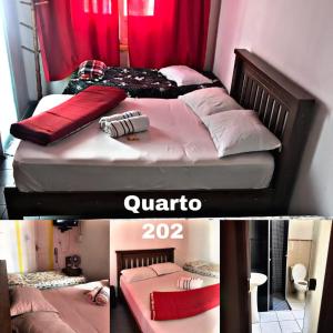 a room with two beds and a red curtain at Pousada flor de Atibaia in Atibaia
