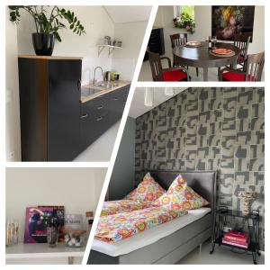 a collage of four pictures of a kitchen and a couch at Petit Appartement in Hapberg