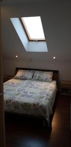 a bedroom with a large bed with a skylight at TOMiSLAV in Zagreb