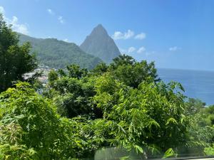 a view of a mountain with trees and the ocean at Green Fig Resort & Spa in Soufrière