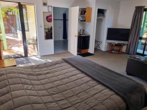 1 dormitorio con 1 cama grande y TV en Glenalvon Lodge Motel en Hanmer Springs