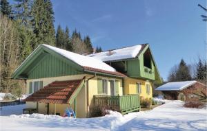 ein gelbes und grünes Haus mit Schnee drauf in der Unterkunft Ferienhaus Bahnhaus K in Regenhütte