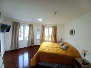 - une chambre dotée d'un lit avec des draps jaunes et des fenêtres dans l'établissement Happy Guest Apart 50, à Ushuaia