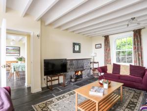 a living room with a couch and a fireplace at Bron Castell in Harlech