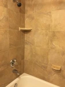 La salle de bains est pourvue d'une douche et d'une baignoire. dans l'établissement Econo Lodge Darien Lakes, à Corfu 46 autres photos