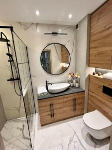 y baño con lavabo, aseo y espejo. en Turzycowa Loft - stylish apartment, en Gdansk