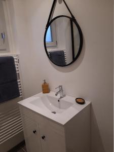 a bathroom with a sink and a mirror on the wall at Camping des Tourbières - Gîtes in Vendoire
