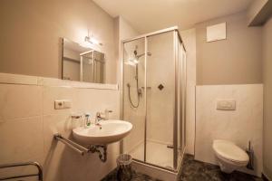 a bathroom with a shower and a sink and a toilet at Pritscheshof Ferienwohnung Terrasse in Malles Venosta