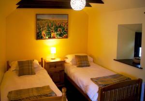 a bedroom with two beds and a painting on the wall at Deveron Valley Cottages in Marnoch