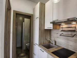 a kitchen with white cabinets and a sink and a toilet at Apartments Victoria in Pakoštane