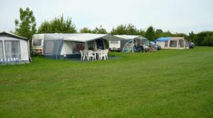 un grupo de tiendas y mesas en un campo en Minicamping de Vrolijke Flierefluiter, en Someren-Heide