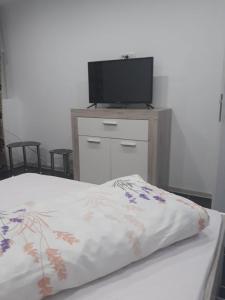 Schlafzimmer mit einem Bett und einem Flachbild-TV in der Unterkunft Complex de Pensiuni si Casute la Munte- Casa ,,Dor de Munte,, in Bistricioara
