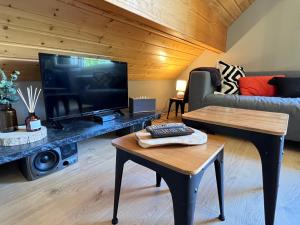 a living room with a couch and a tv at Sur les hauteurs de Cauterets, 2 chambres 5 pers in Cauterets
