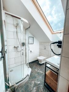 La salle de bains est pourvue d'une douche, d'un lavabo et de toilettes. dans l'établissement Villa Bella Italia, à Mikołajki