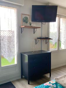 Chez Karine 1 في أرباجون: غرفة معيشة مع خزانة ملابس سوداء وتلفزيون
