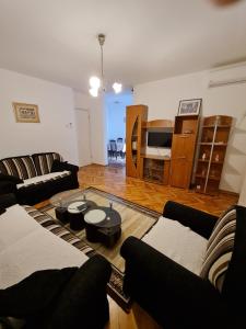 ein Wohnzimmer mit 2 Sofas und einem Tisch in der Unterkunft Apartment Jasovic in Ulcinj