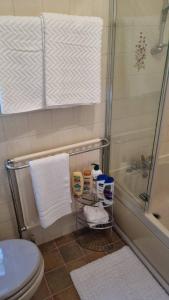 uma casa de banho com chuveiro, WC e toalhas em Lovely 2-Bedroom New Forest apartment on a Farm em New Milton