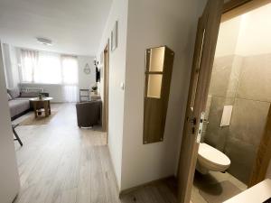 a bathroom with a toilet and a walk in shower at ApartamentyPrzyMorzu Marytka w Centrum blisko Morza in Kołobrzeg