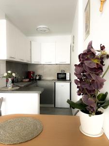 une cuisine avec une table et un vase avec des fleurs violettes dans l'établissement ApartamentyPrzyMorzu Marytka w Centrum blisko Morza, à Kołobrzeg