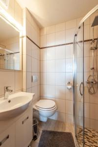 a bathroom with a toilet and a sink and a shower at Appartement 101 in Bichlbach