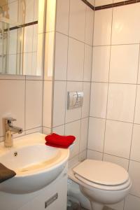 a white bathroom with a toilet and a sink at Appartement 101 in Bichlbach