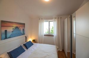 a bedroom with a bed with blue pillows and a window at Sisi Apartment in Vabriga