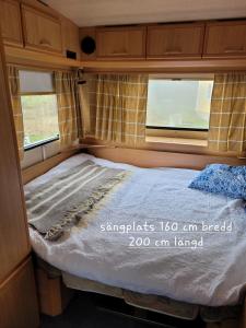 Una cama en la parte trasera de una furgoneta con dos ventanas en Blankaholm Adria husvagn, en Blankaholm