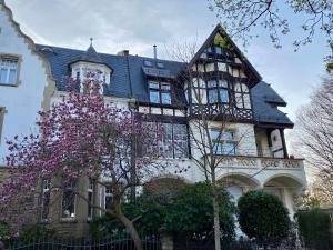 una casa grande con un árbol floreciente delante de ella en Style Comfort Silence, en Freiburg im Breisgau