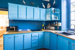 - une cuisine bleue avec des placards bleus et un évier dans l'établissement Le Ara Bleu - Bel appartement de caractère, à Saint-Malo