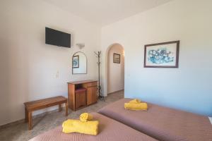 a bedroom with two beds and a desk and a television at Aleka Apartment 1 in Agios Georgios