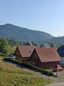 齊斯的住宿－Domki pod Honem w Cisnej，一座大型木屋,前面设有停车场