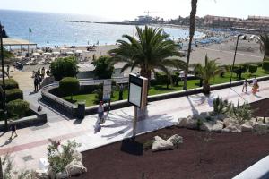 vista su una spiaggia con palme e sull'oceano di CORNELIA'S HOME 1B primera línea de playa a Los Cristianos