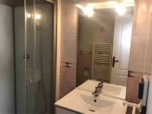 y baño con lavabo y ducha con espejo. en Charmant 3 pièces 3 eme etage, en Sospel