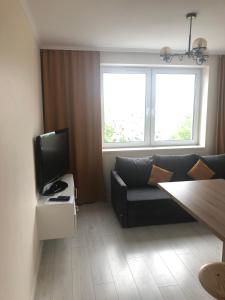 a living room with a couch and a television at Apartamenty MAJA Nowy Targ in Nowy Targ